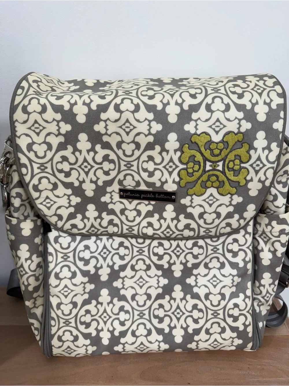 Petunia Pickle Bottom Gray, Cream & Olive Patterned Diaper Backpack